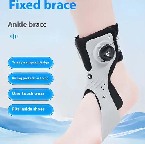 Grey ankle support brace with airbag button mechanism for left foot stabilisation