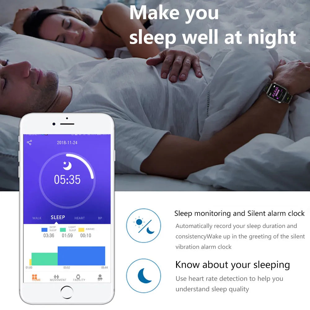 F16 smart watch with ECG monitor showing blood pressure and heart rate tracking on 43mm IPS display