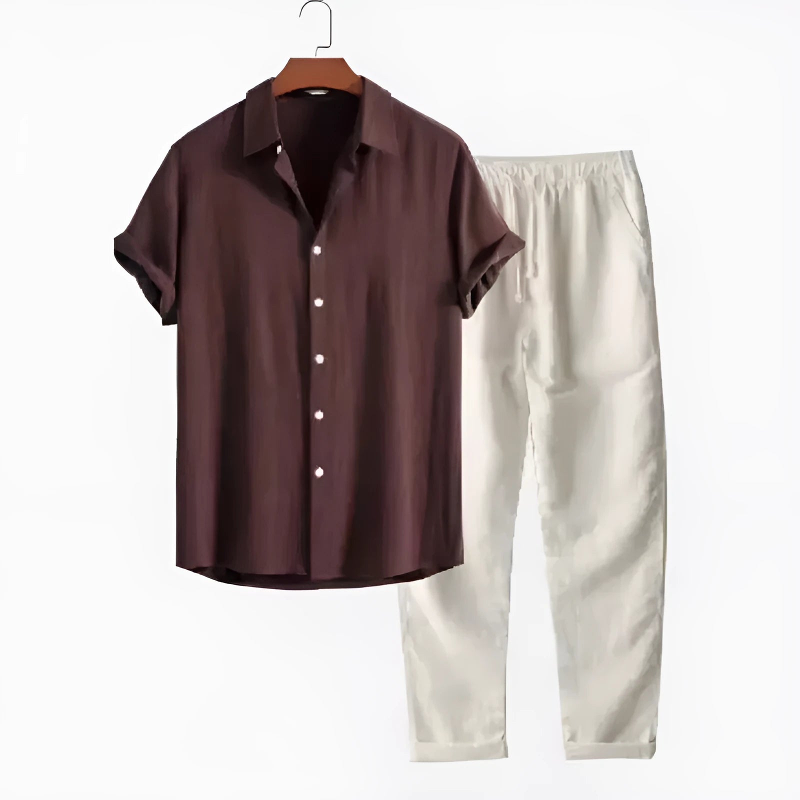 Men's loose-fit linen-look shirt and trousers casual suit set in a solid colour