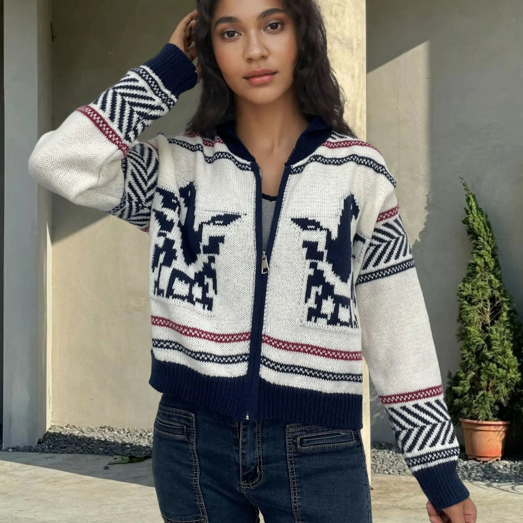 White women's zip-up cardigan with a dark contrast jacquard stripe pattern and a lapel collar.