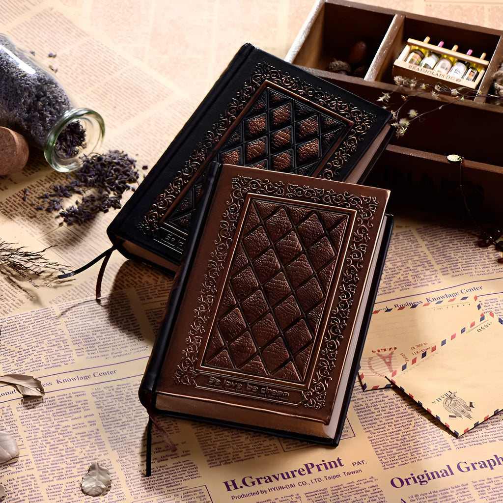 Embossed faux leather notebook in super thick design showing bronze and black gold colour options
