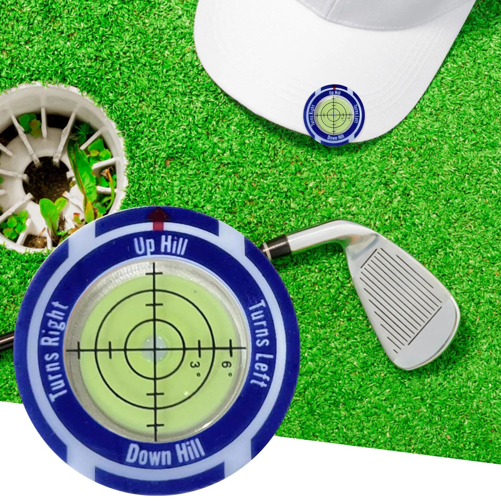 Golf hat clip spirit level showing liquid-filled vial with positioning marks for slope measurement