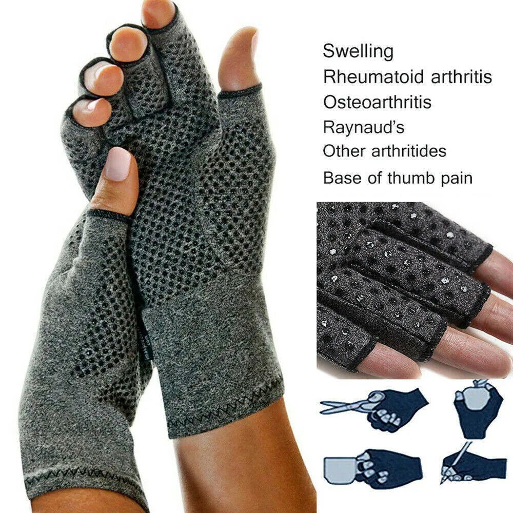 Grey half finger compression gloves with an anti-slip texture, shown laid flat.