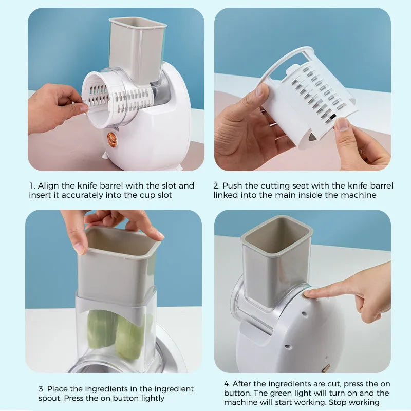 White electric vegetable slicer with suction base and multiple blades on a kitchen counter.