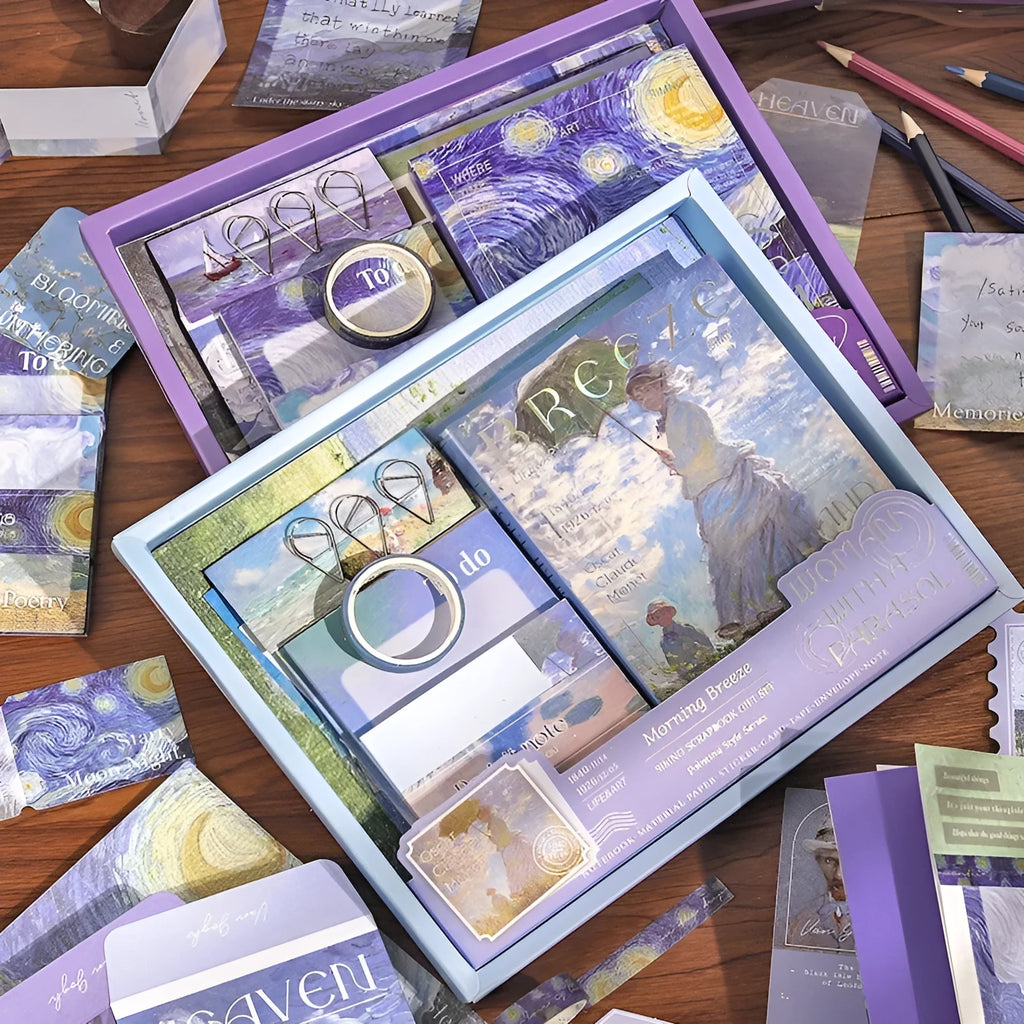 Retro-style creative journal gift box open to show A6 grid notebook, material papers, cards, stickers, and a water drop bookmark.