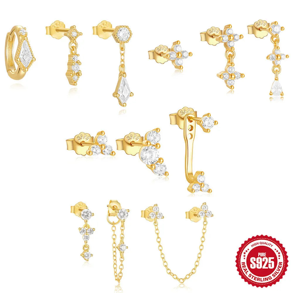 Set of three geometric zircon tassel stud earrings in gold-tone sterling silver.