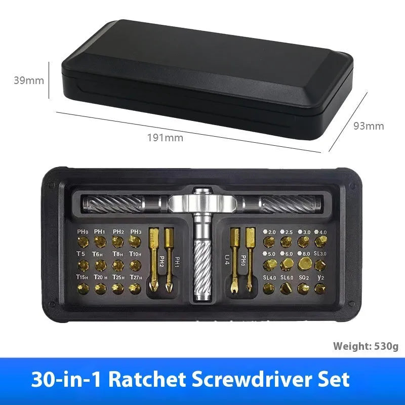 24-in-one ratchet screwdriver set with S2 CRV cutter head, 140mm nickel-chromium steel bar, and magnetic tip