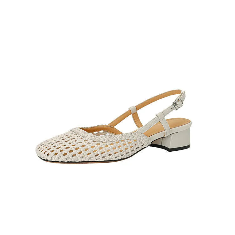 Women's woven hollow-out sandals with square toe, buckle strap, and 4cm chunky heel in black or beige