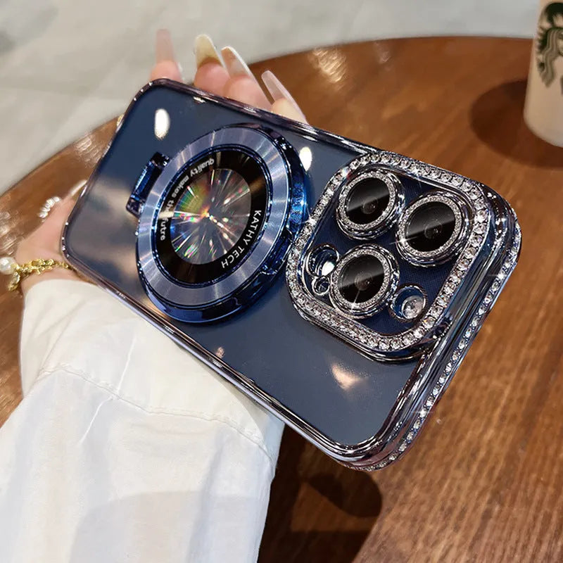 Transparent silicone iPhone case with magnetic bracket and rhinestone decoration in multiple colour options