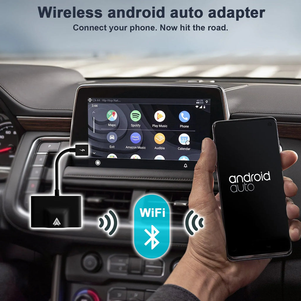 Car wired to wireless Android system adaptor for CARPLAY vehicles in black and white colour variants.