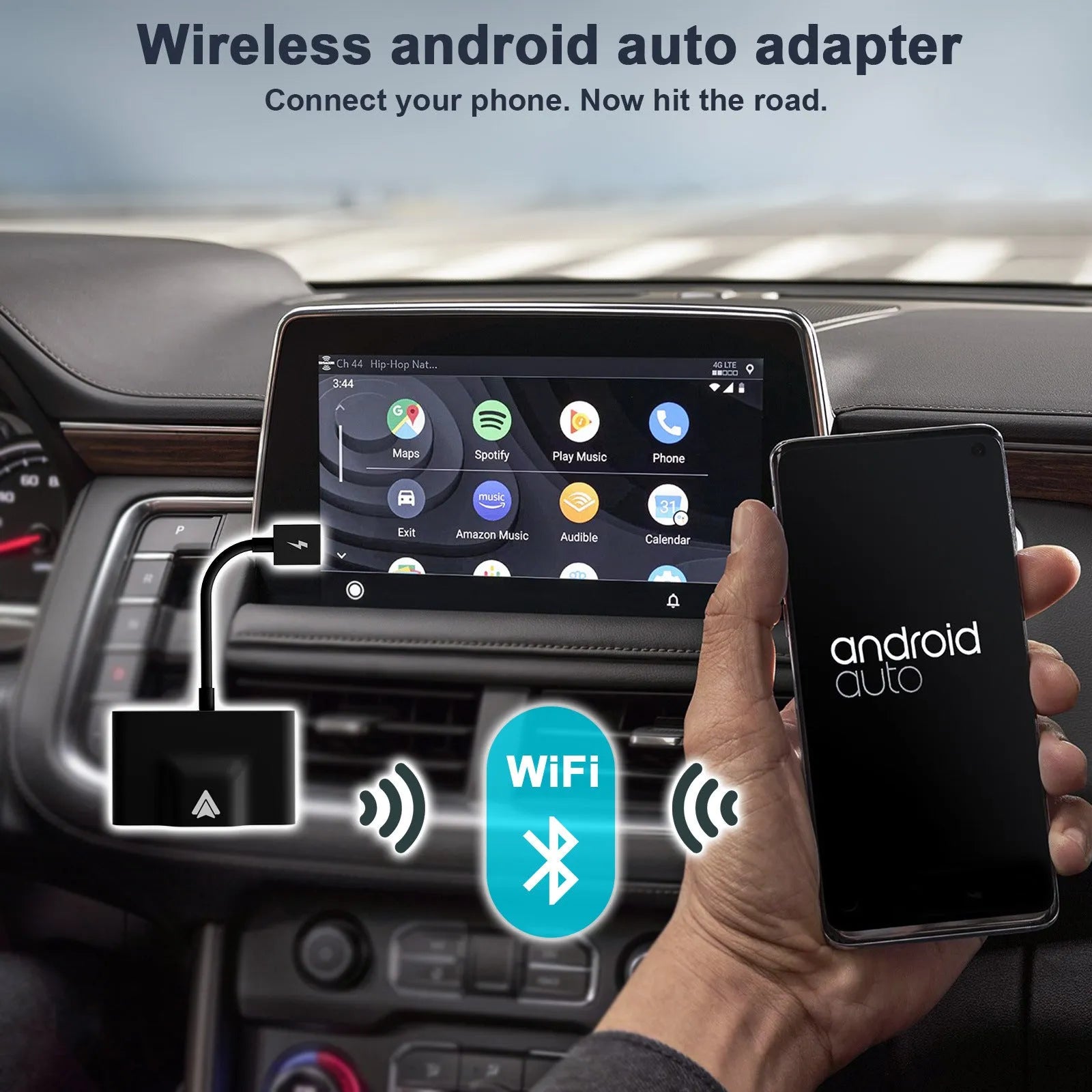 Car wired to wireless Android system adaptor for CARPLAY vehicles in black and white colour variants.