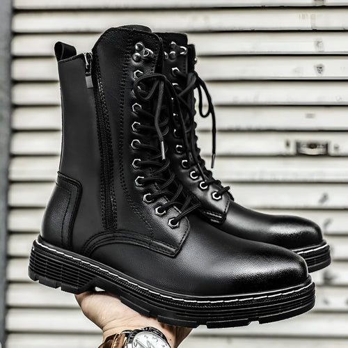 Men's black genuine leather high-top Martin boots with round toe and lace-up closure
