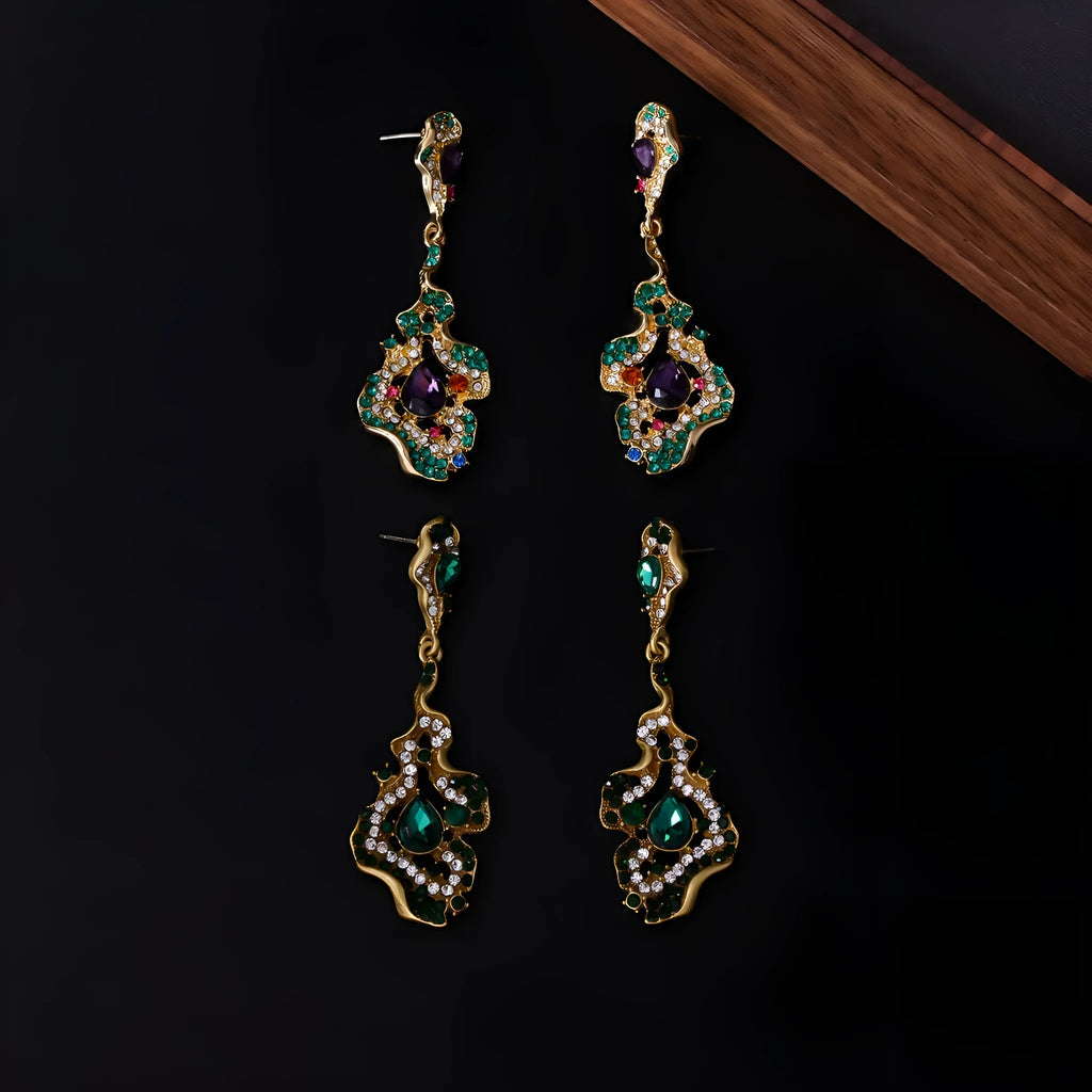 Chinese style alloy ear studs with ring element, 7.1x2.5cm, vintage temperament, purple and green colours