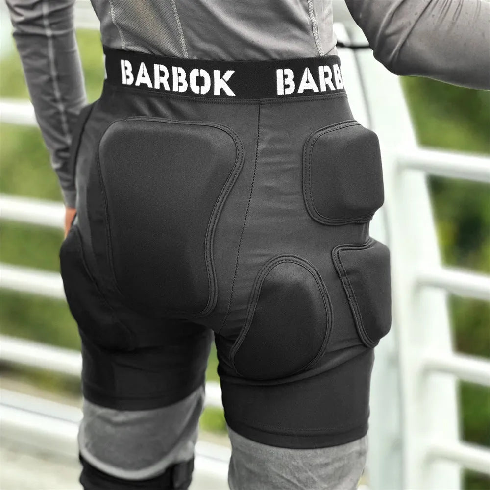 Black protective hip pad made of spandex and NBR foam for skating and skiing safety.