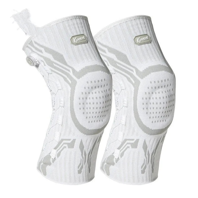 Pair of grey and white professional sports knee pads for basketball, football, running, badminton.