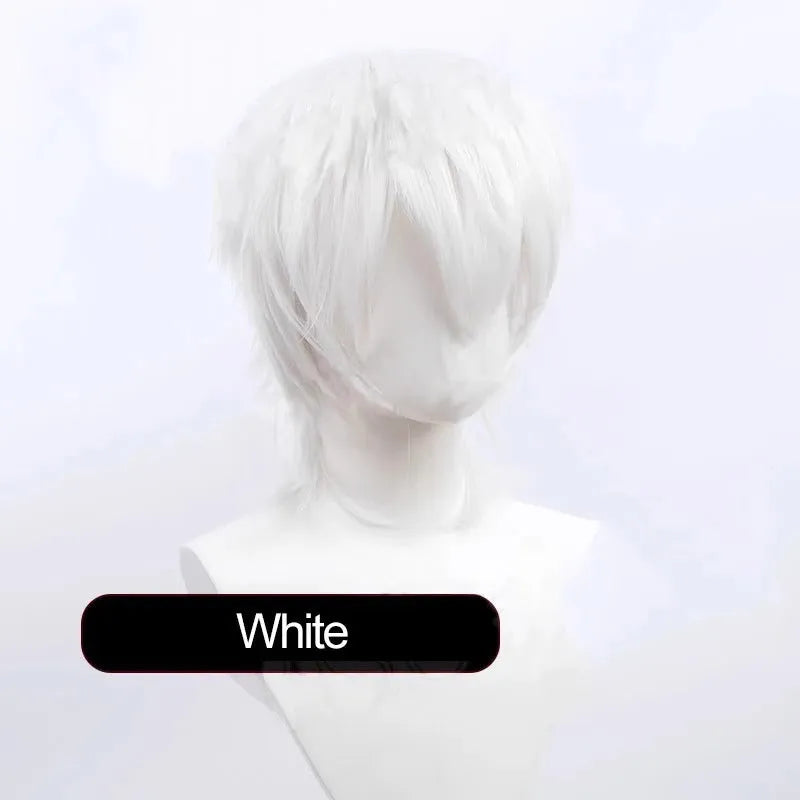 Short black and blue anime-style cosplay wig for men with a lengthened tail.