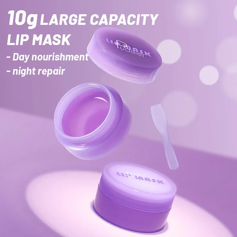 Box containing a lip exfoliating balm and a silicone scraper tool for lip care treatment
