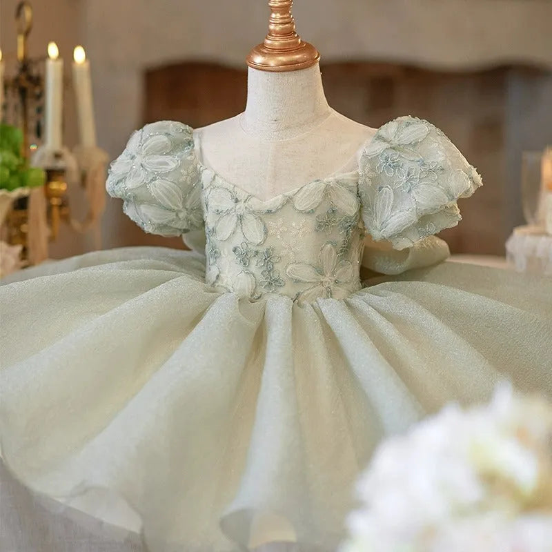 French children's birthday dress in fruit green for girls, princess style, polyester blend, suitable height 80-150cm with bow option
