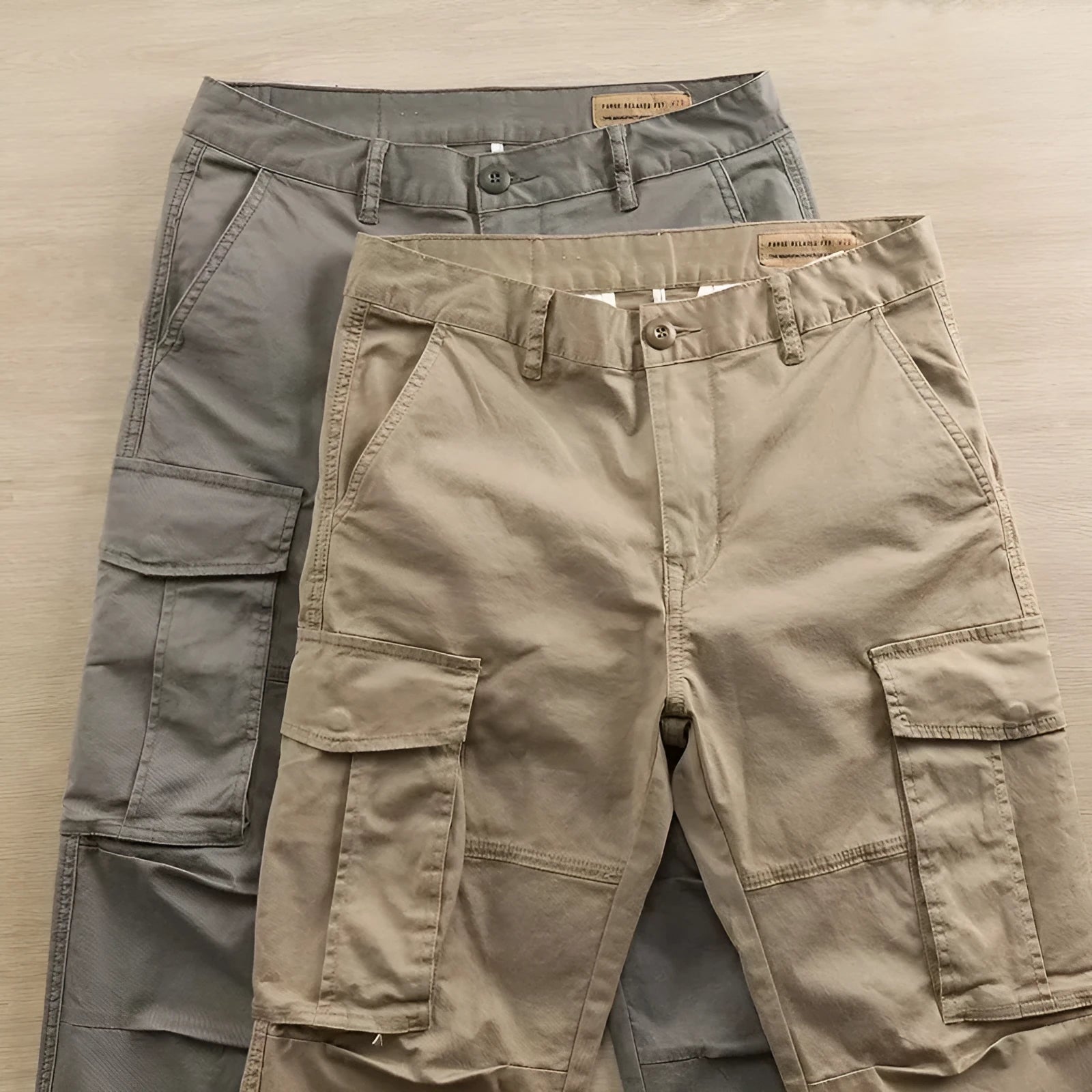 Men's solid colour cotton trousers with multiple pockets in a cropped length, shown in khaki, grey, black, and blue.