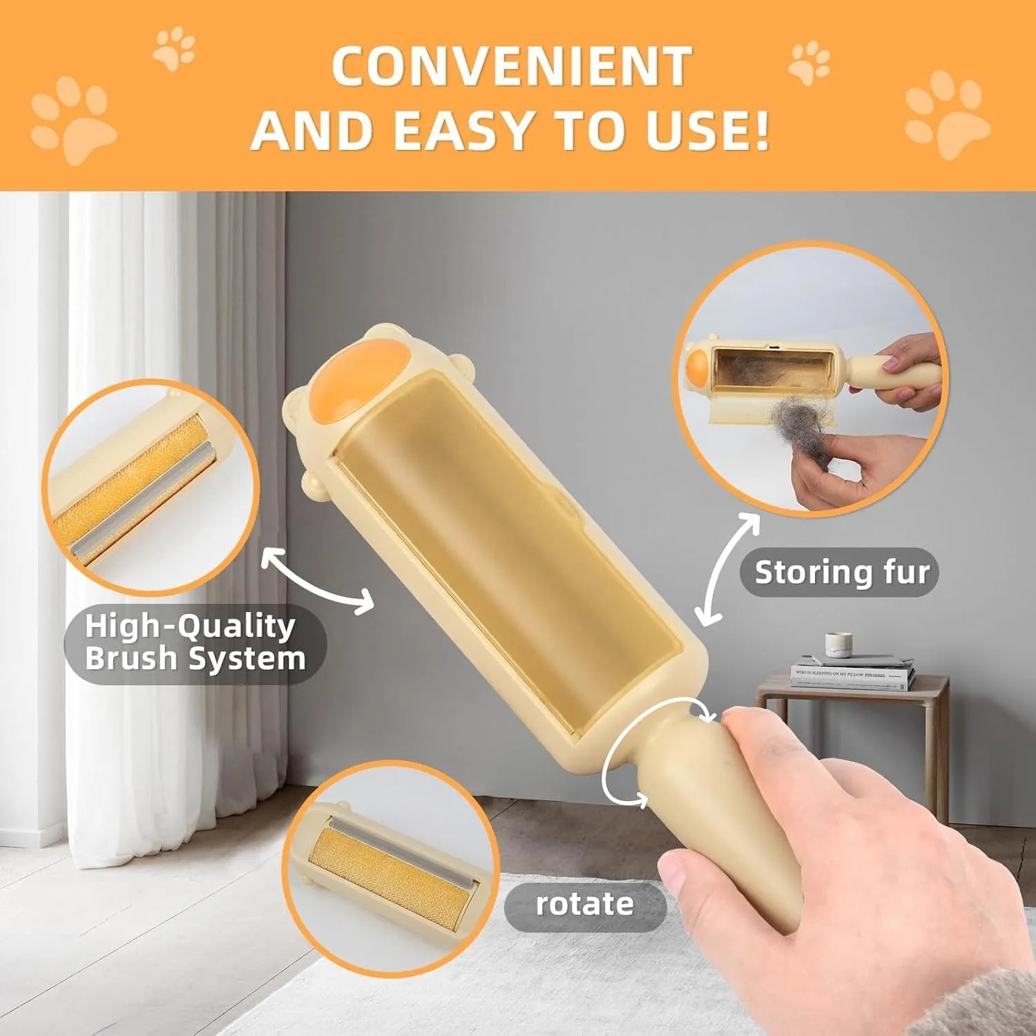 Blue reusable pet hair remover tool with a self-cleaning base on a fabric sofa.