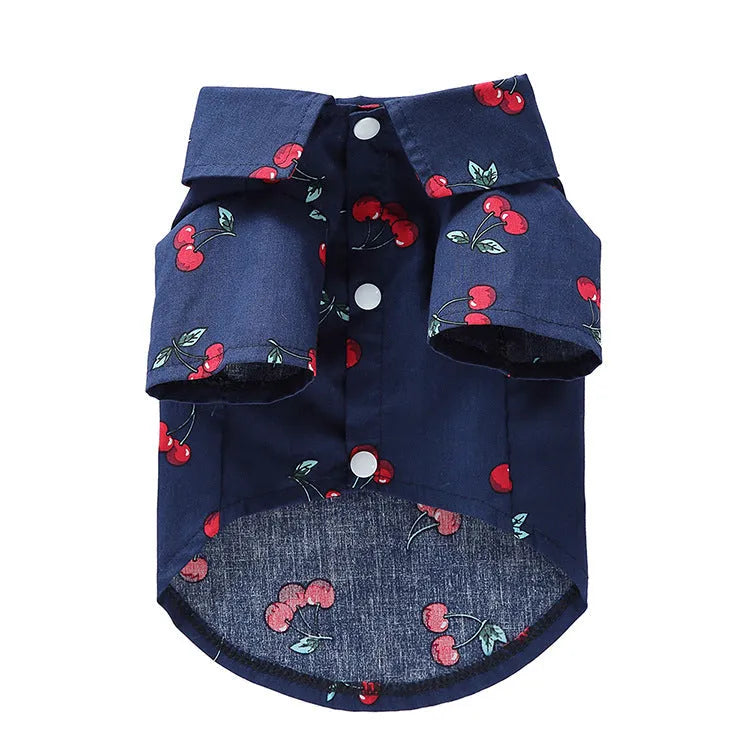 Fruit-themed casual polyester dog clothes in six colours on a small dog, size S to XL available