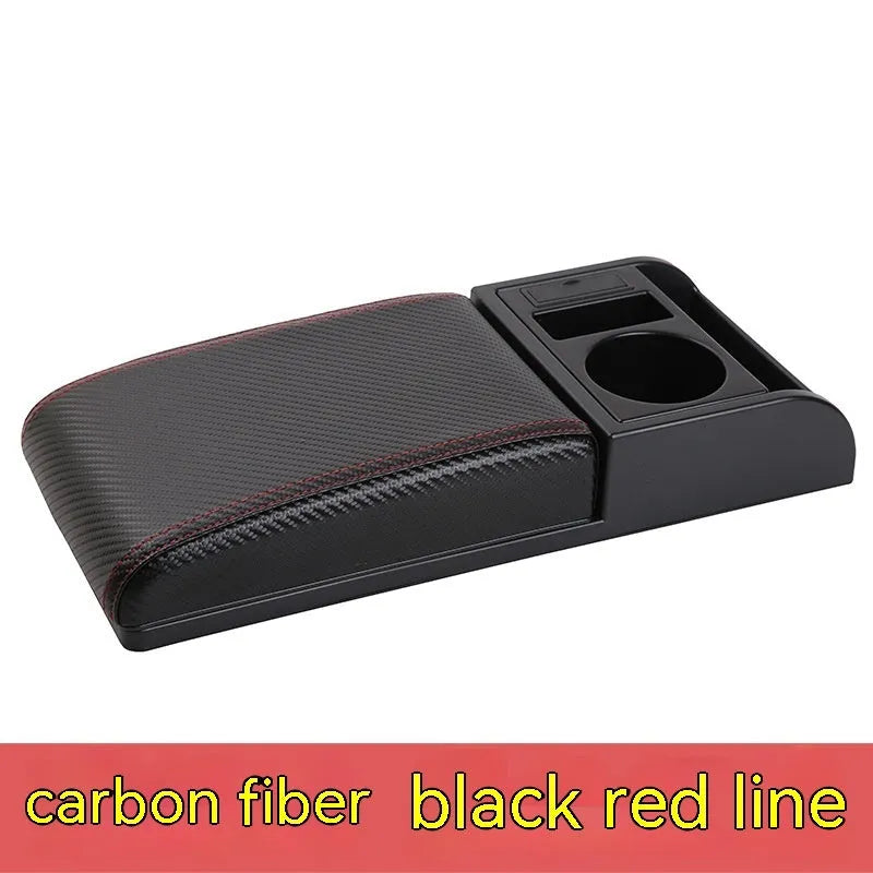 Universal car centre console armrest cover with height increase in black PU leather with red cord detailing
