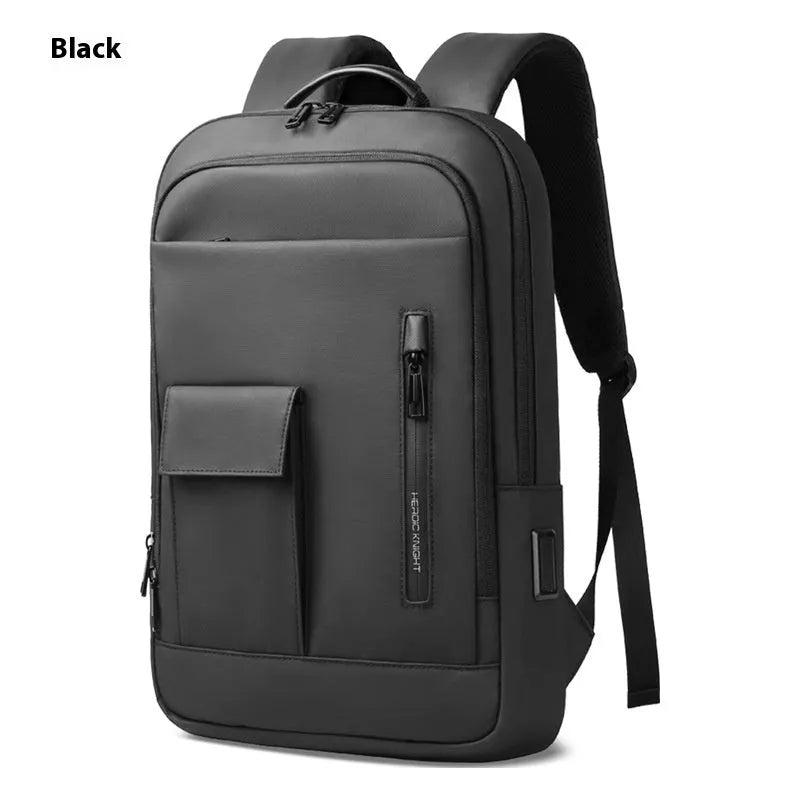 Lightweight Oxford cloth men's backpack in dark grey with sewing line details, shown from the side.