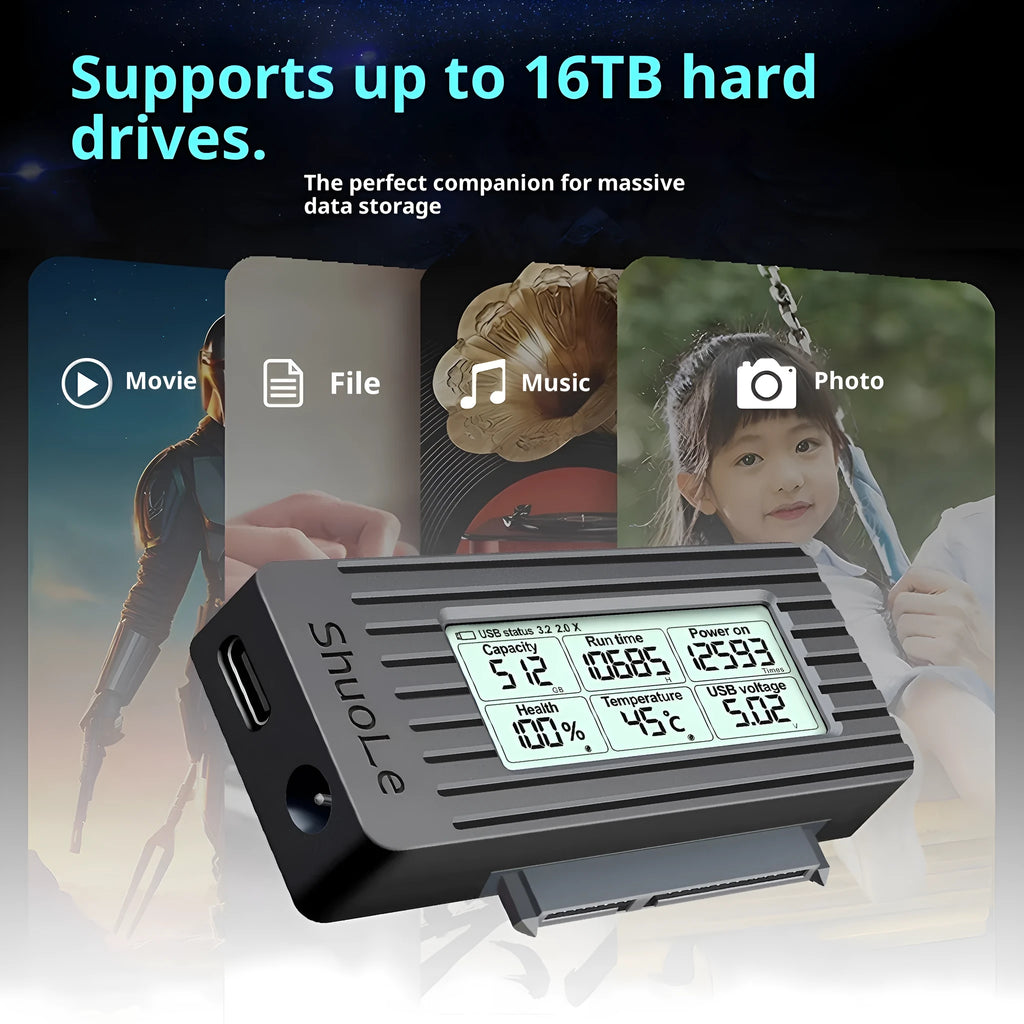USB 3.2 to SATA adapter cable for 2.5 and 3.5 inch hard drives with ABS housing and data cable
