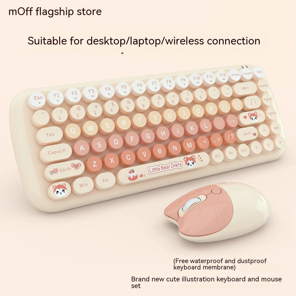Pink mini wireless keyboard and mouse set with cute cartoon design on a desk.