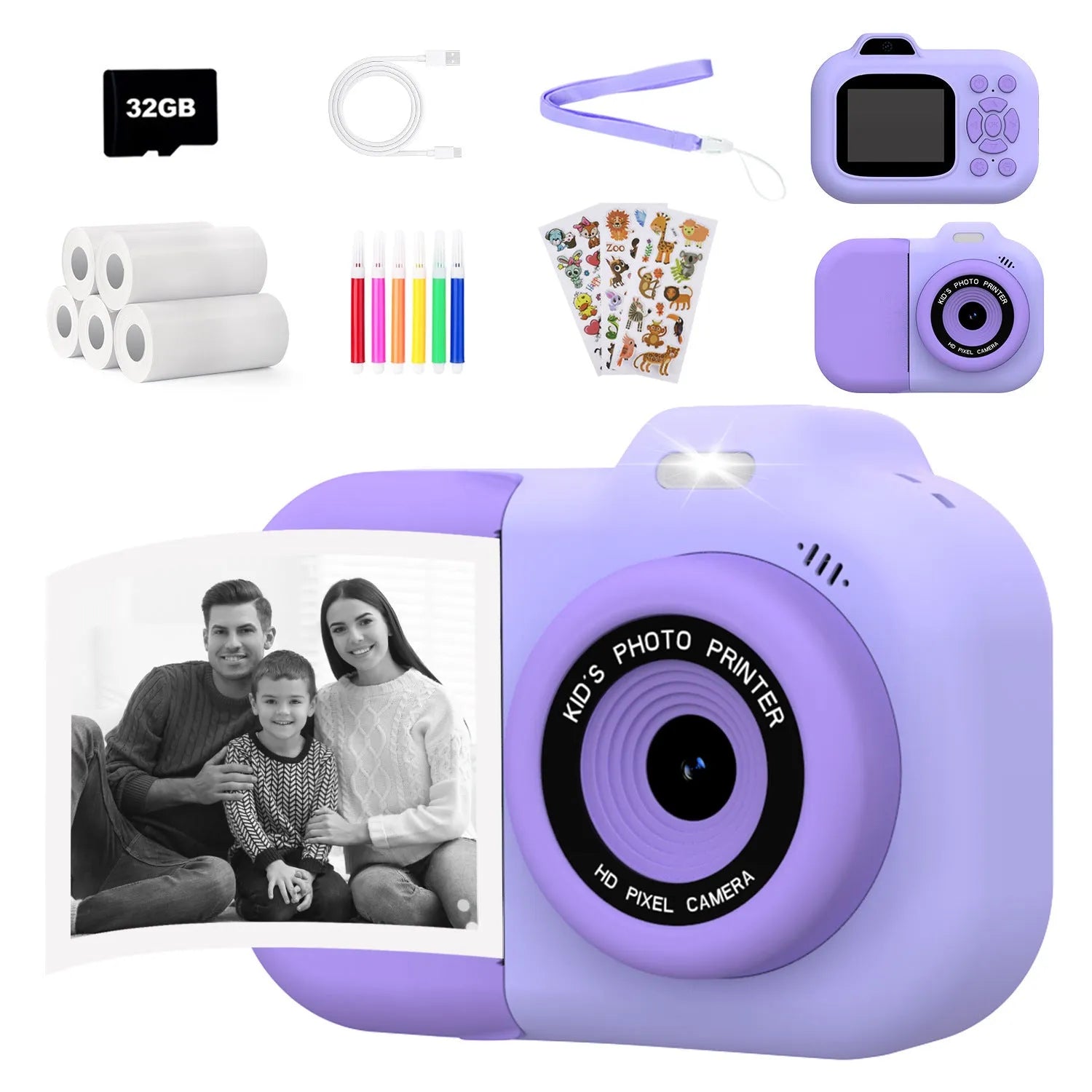 Blue children's digital camera toy with video recording, photo, and game functions on a white background.