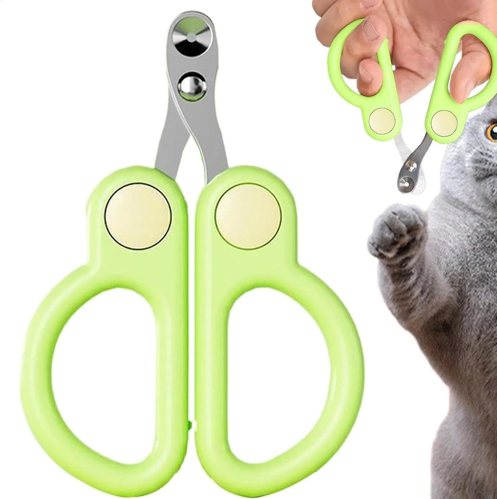 Pet nail clippers with round hole design, stainless steel blades, and ergonomic handles. Available in green or yellow.