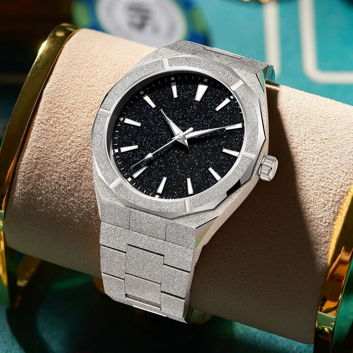 Men's stainless steel business watch with luminous markers on a frosted bracelet, shown in black, gold, and silver colour options.