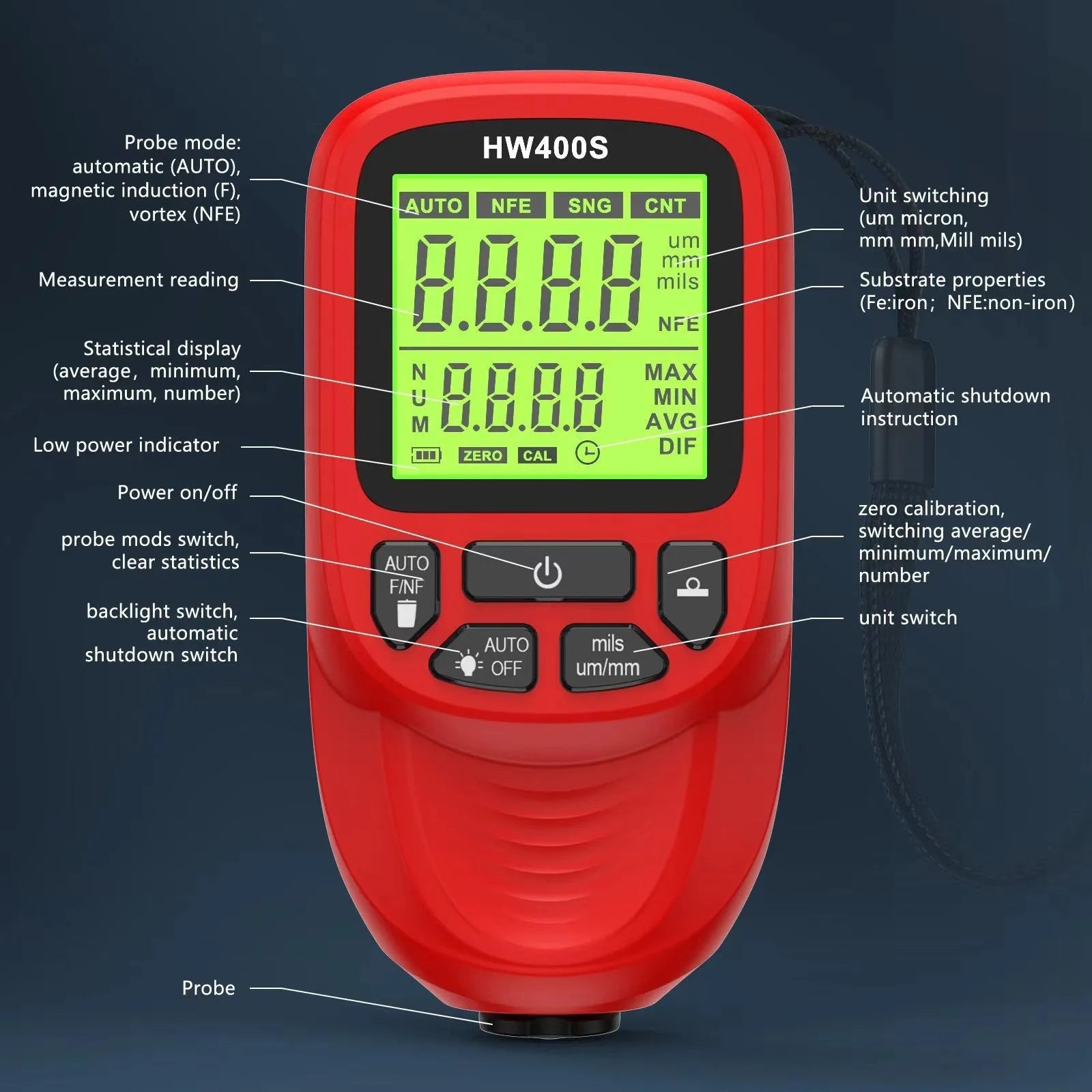 Hw-400s high precision coating thickness gauge in black ABS with LCD display, 142x68x53mm