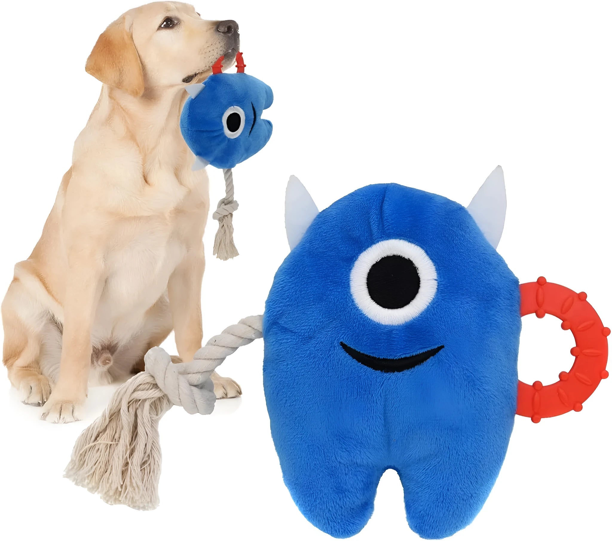 Blue and green monster dog toy with plush body and rope tug handles