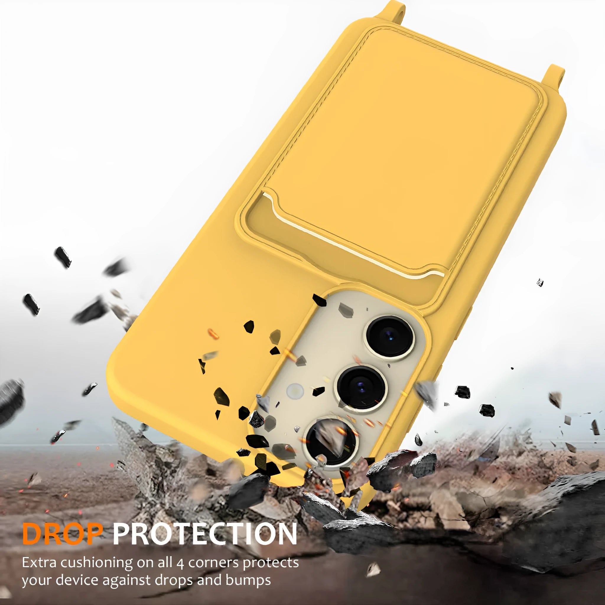 Samsung silicone protective case with lanyard and card holder in lemon yellow on a white background
