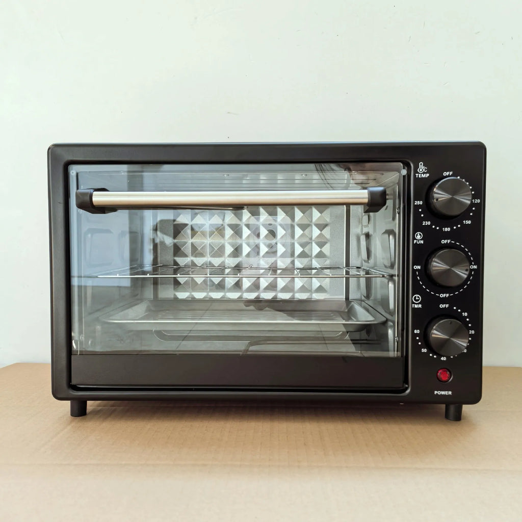 12L household electric oven in black with double-layer interior and mechanical dials, galvanised steel body