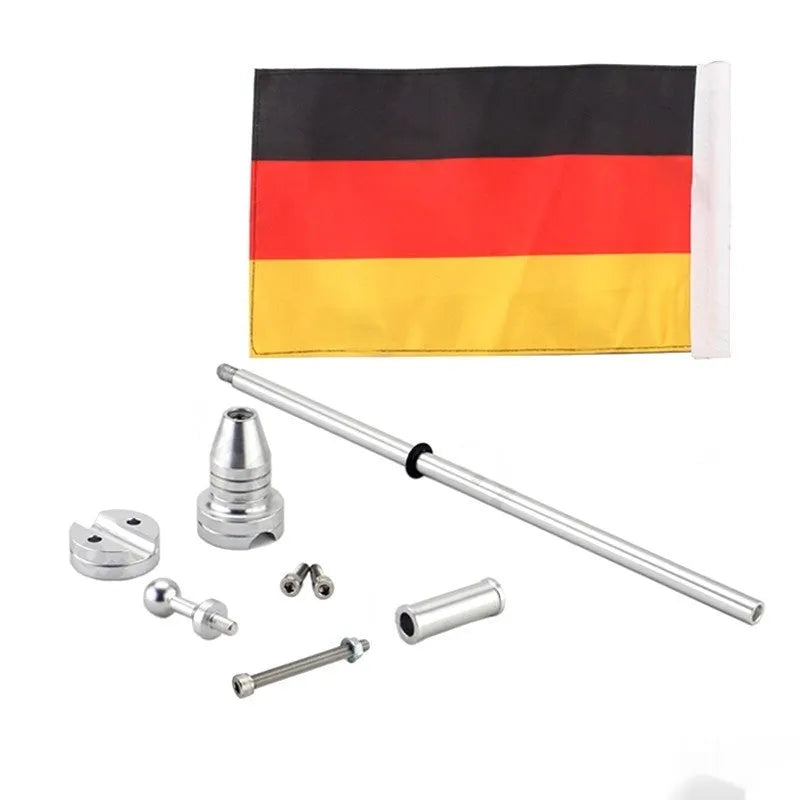 Motorcycle side box mounting flagpole in silver or black for luggage rack attachment