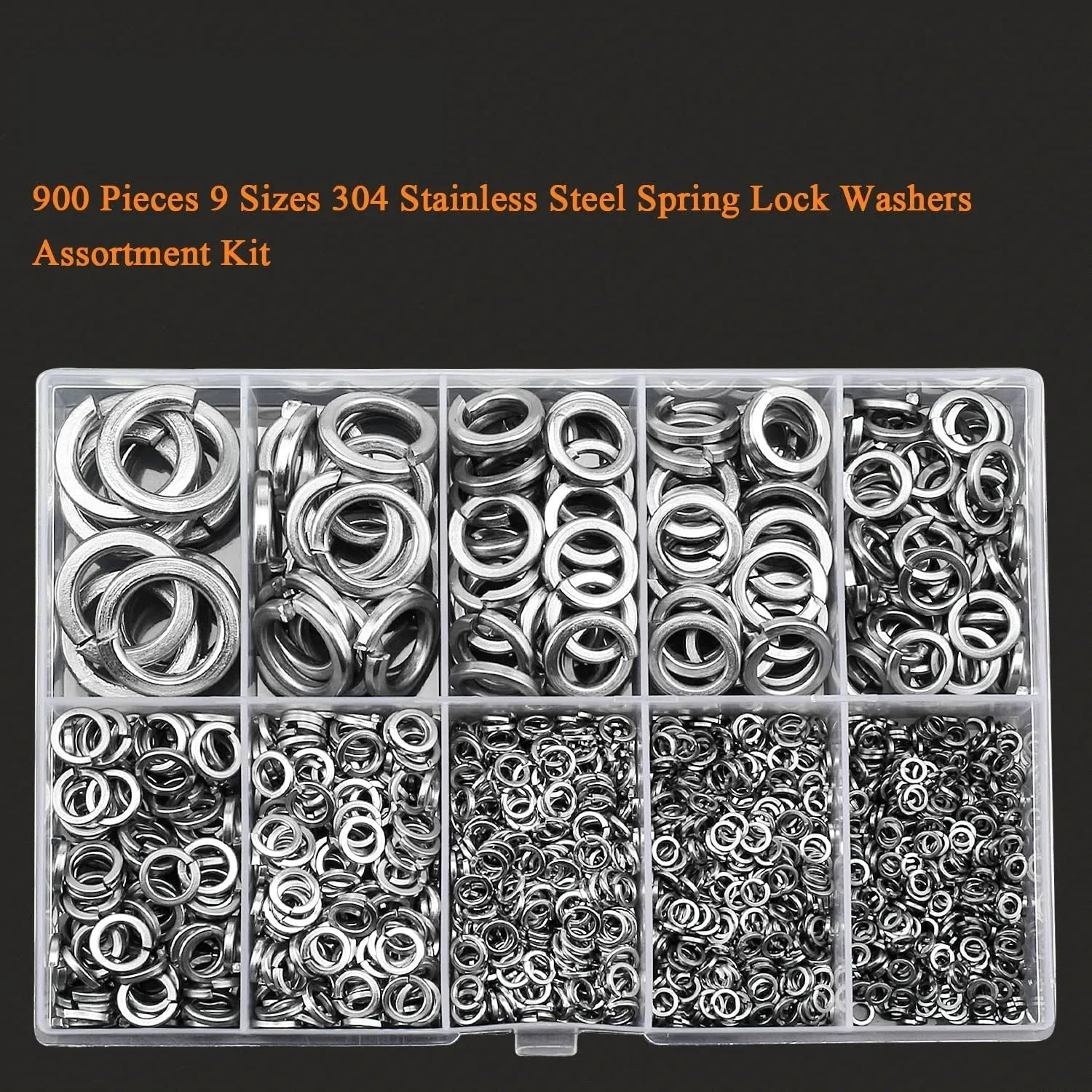 304 stainless steel spring lock washer combination box with 900 pieces in various sizes from 2-12mm inner diameter