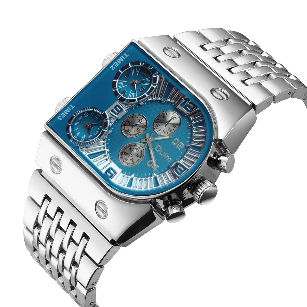 Luminous men's gold-tone watch with steel band and white multifunction dial against grey background