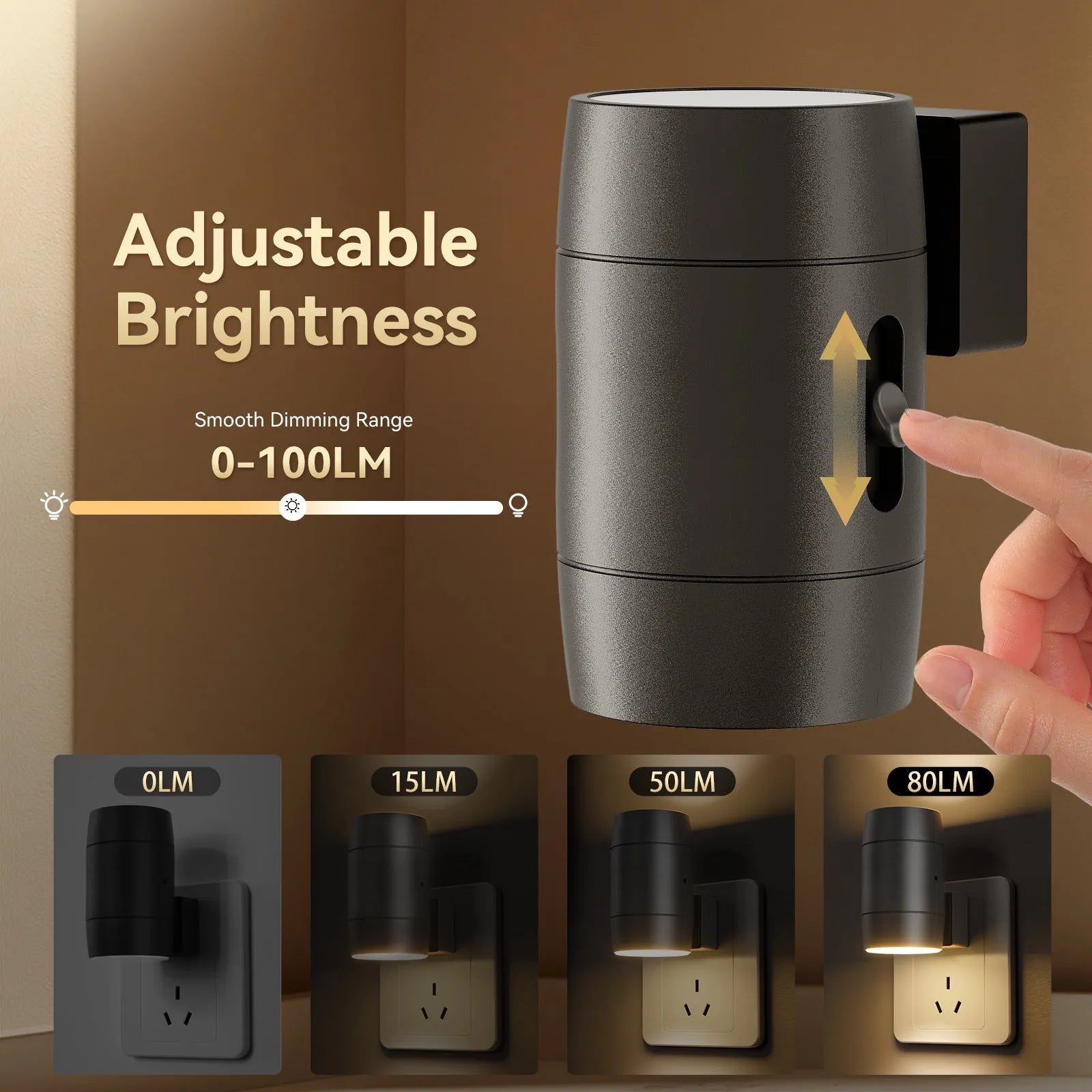 A small, white, direct plug-in night lamp with an adjustable and rotatable light head, shown plugged into a wall socket.