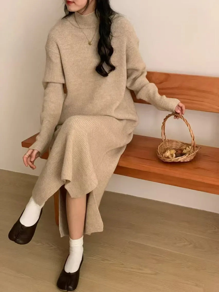 Acrylic knitted dress with high waist, long sleeves, and mid-length skirt in commuting style