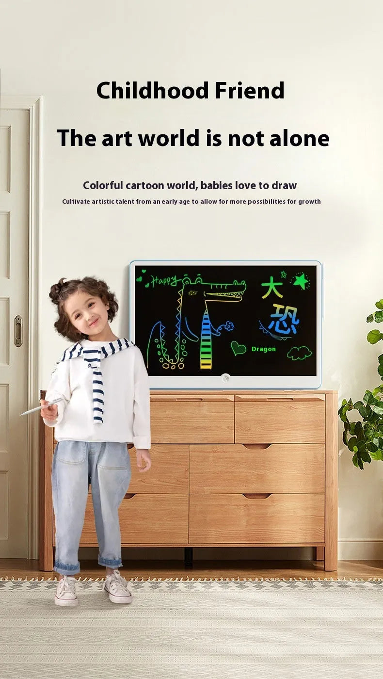 19-inch blue and white rechargeable LCD drawing board for children on a table.