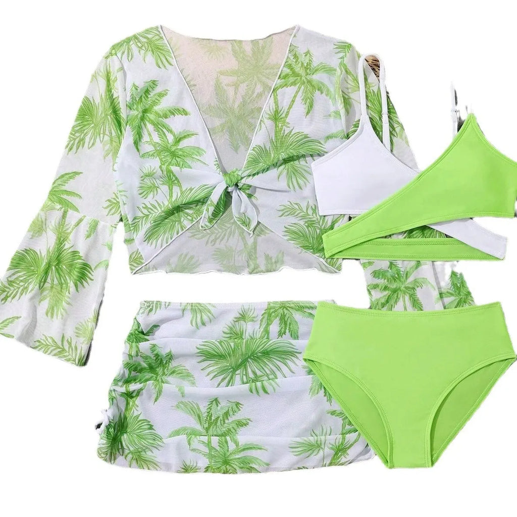 Children's 4-piece high waist bikini swimsuit set with striped floral pattern, polyester fabric, sizes 130-160