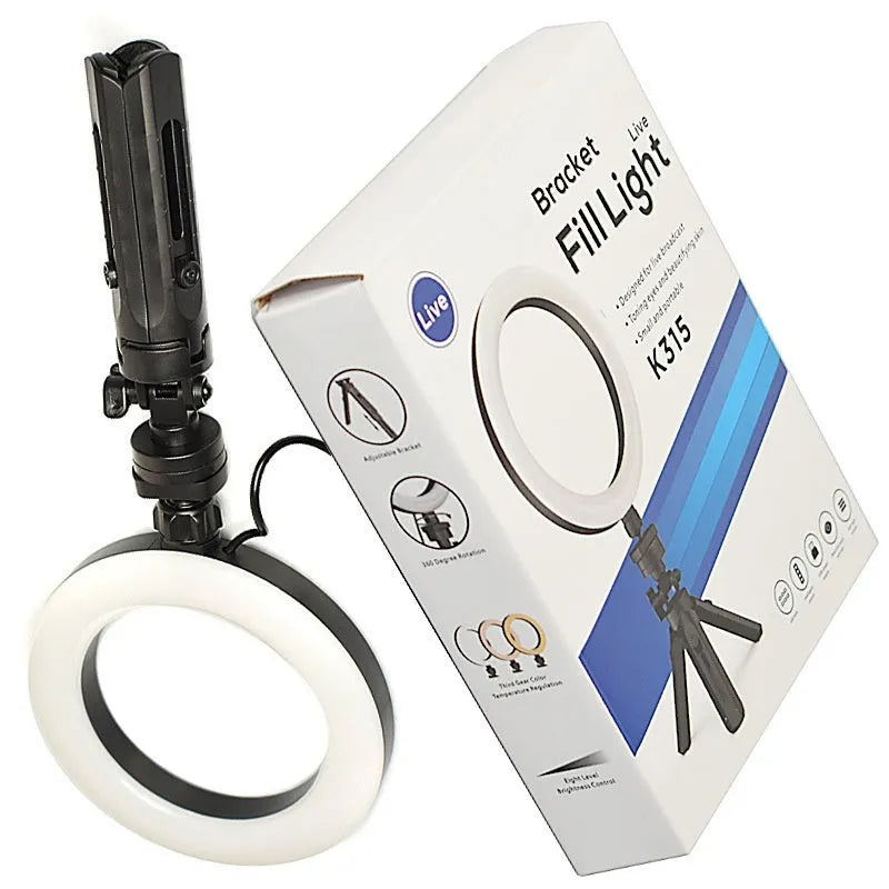 Black desktop mobile phone tripod with adjustable fill light bracket for live streaming