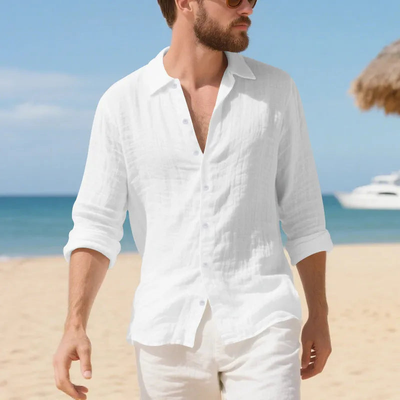 Man's casual linen shirt in loose American style fit, shown in light blue colour.