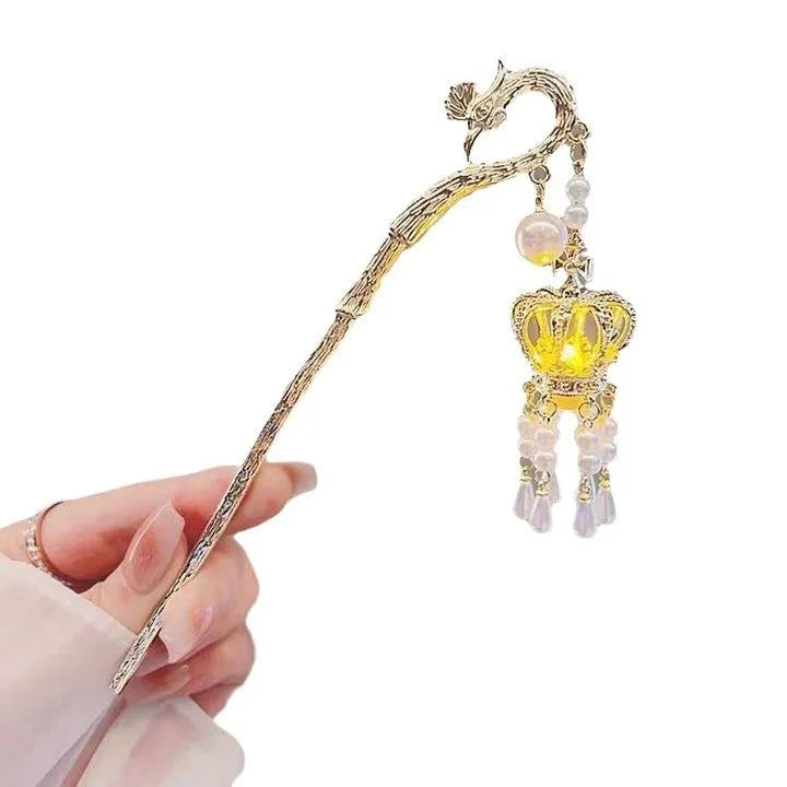 Light-emitting ancient style hairpin with dangling wind chime ornament, crown shape, electroplated alloy, pearl accent options.
