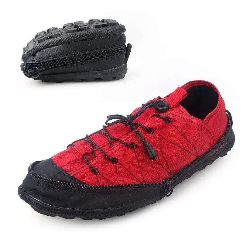 Orange, black, and grey portable folding outdoor shoes with side zip, shown in a compact state.