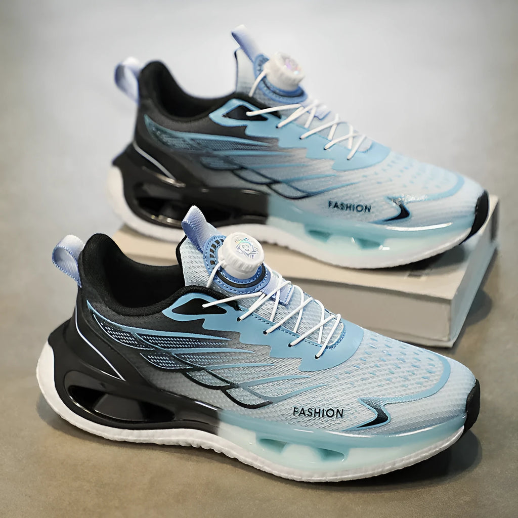 Youth casual sneaker with rotating button fastening in light blue mesh with shock-absorbing sole