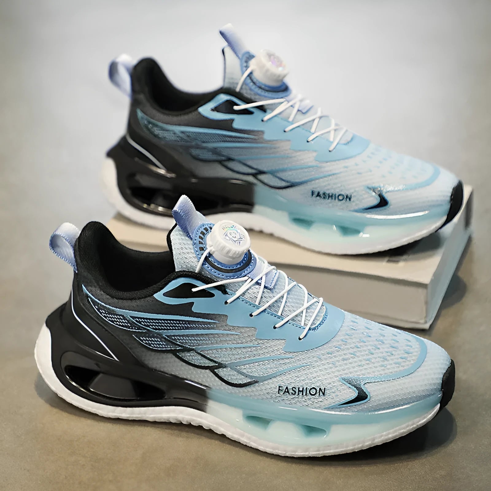 Youth casual sneaker with rotating button fastening in light blue mesh with shock-absorbing sole