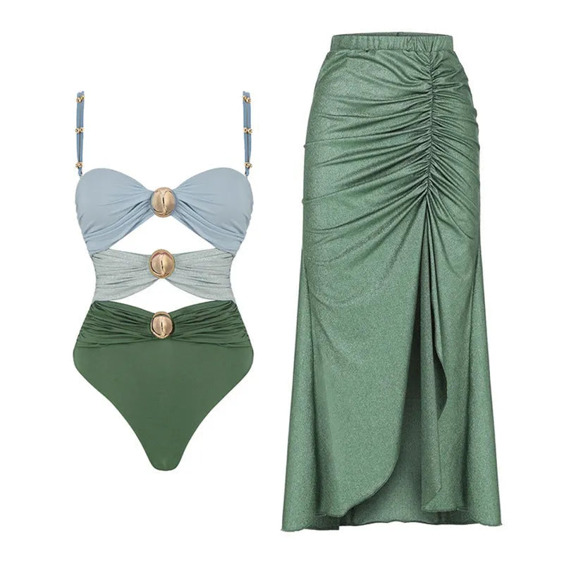 Yellow and green high-waisted women's bikini swimsuit on a mannequin.